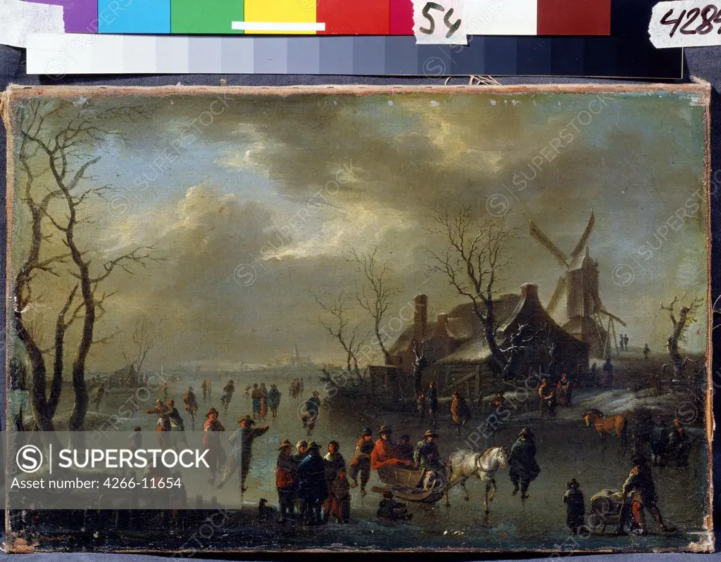 People ice-skating on frozen river by Claes Molenaer, oil on wood, before 1630-1676, Russia, Moscow, State Museum Arkhangelskoye Estate, 24, 5x37, 5