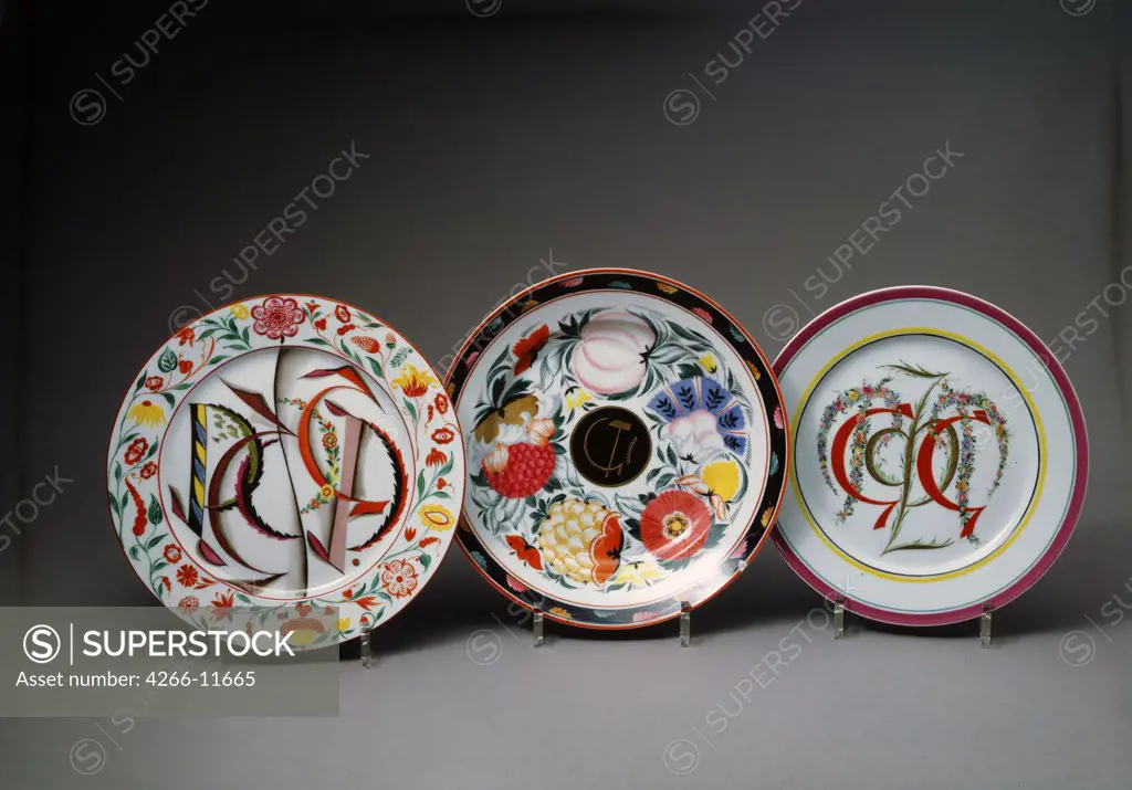Three porcelain plates by Sergei Vasilievich Chekhonin, 1918-1919, 1878-1936, Russia, Moscow, State Museum of Ceramics and Country estate of 18th cen. Kuskovo