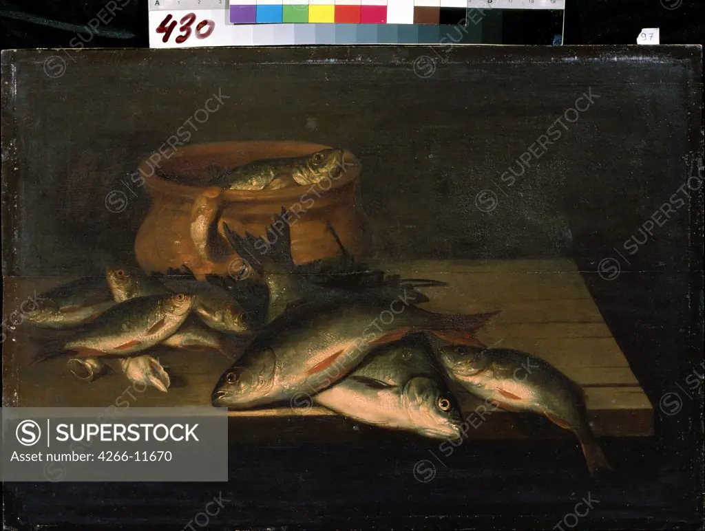 Still life with fish by Pieter de Putter, oil on canvas, circa 1600-1659, 17th century, Ukraine, Sevastopol, M. Kroshitsky Art Museum, 66x97