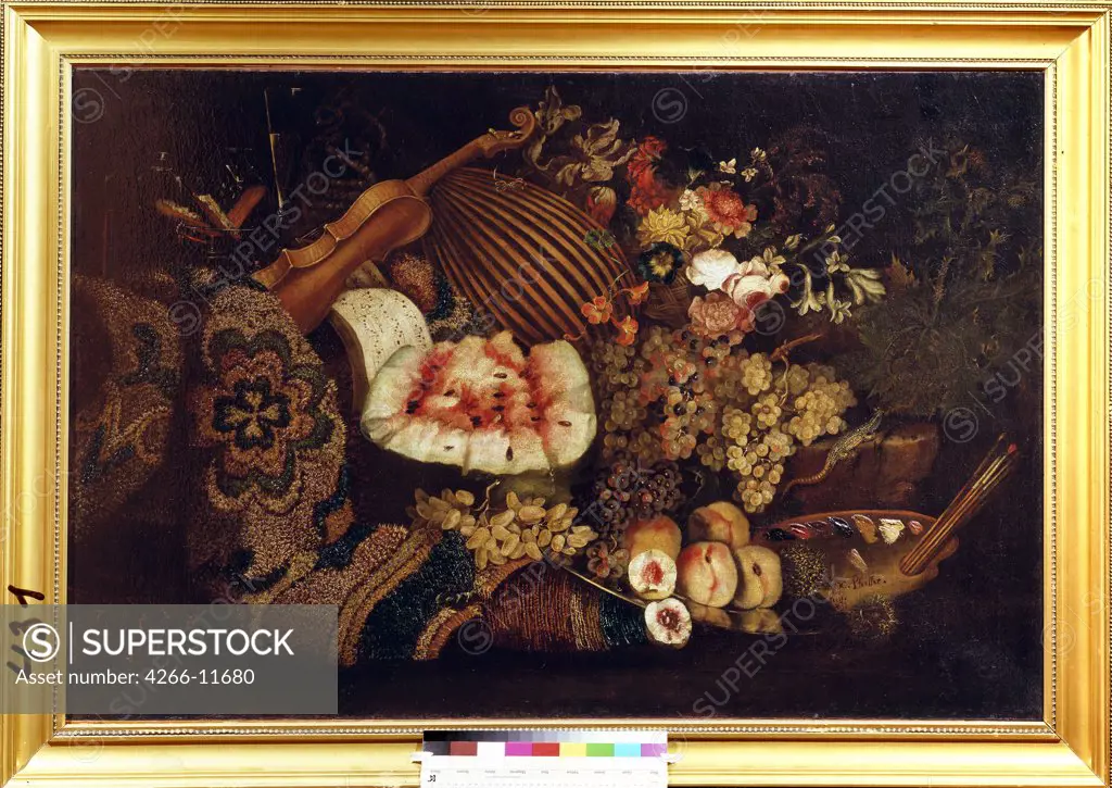 Still life with fruits, palette and music instrument by Maximilian Pfeiler, oil on canvas, 1691, Russia, Moscow , State A. Pushkin Museum of Fine Arts, 95x142