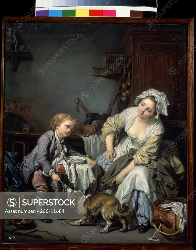 Domestic scene by Jean-Baptiste Greuze, oil on canvas, 1765, 1725-1805, Russia, St. Petersburg, State Hermitage, 66, 5x56