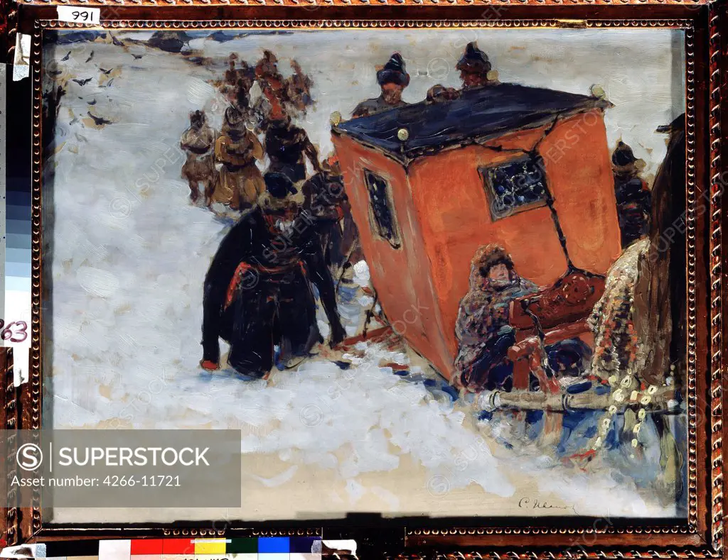 People pulling out cart from snow by Sergei Vasilyevich Ivanov, oil on paper , 1908, 1864-1910, Russia, Saratov, State A. Radishchev Art Museum, 65x82