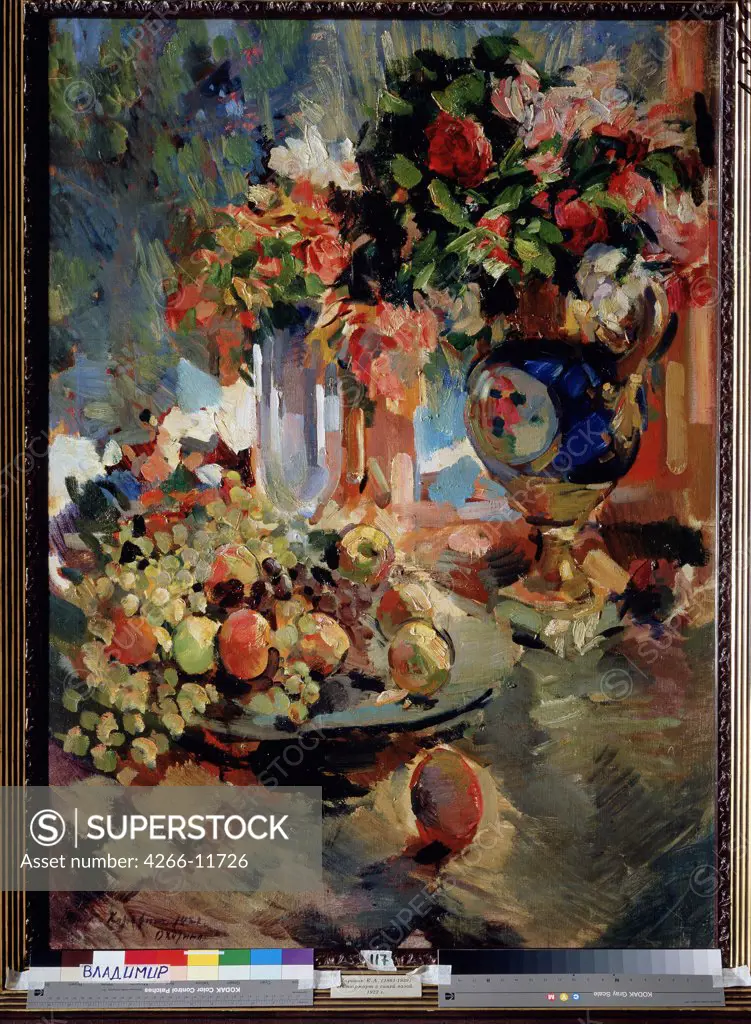 Still life with fruits and flowers by Konstantin Alexeyevich Korovin, oil on canvas , 1922, 1861-1939, Russia, Vladimir , State Museum of Architecture, History and Art, 120x88