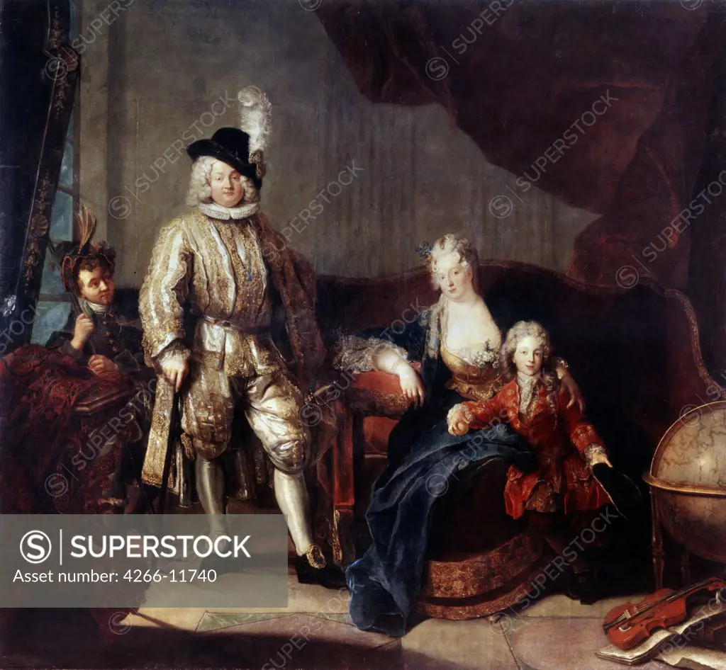 Portrait of Baron Von Erlach with his family by Antoine Pesne, oil on canvas , circa 1710, 1683-1757, Russia, St. Petersburg , State Hermitage, 288x317