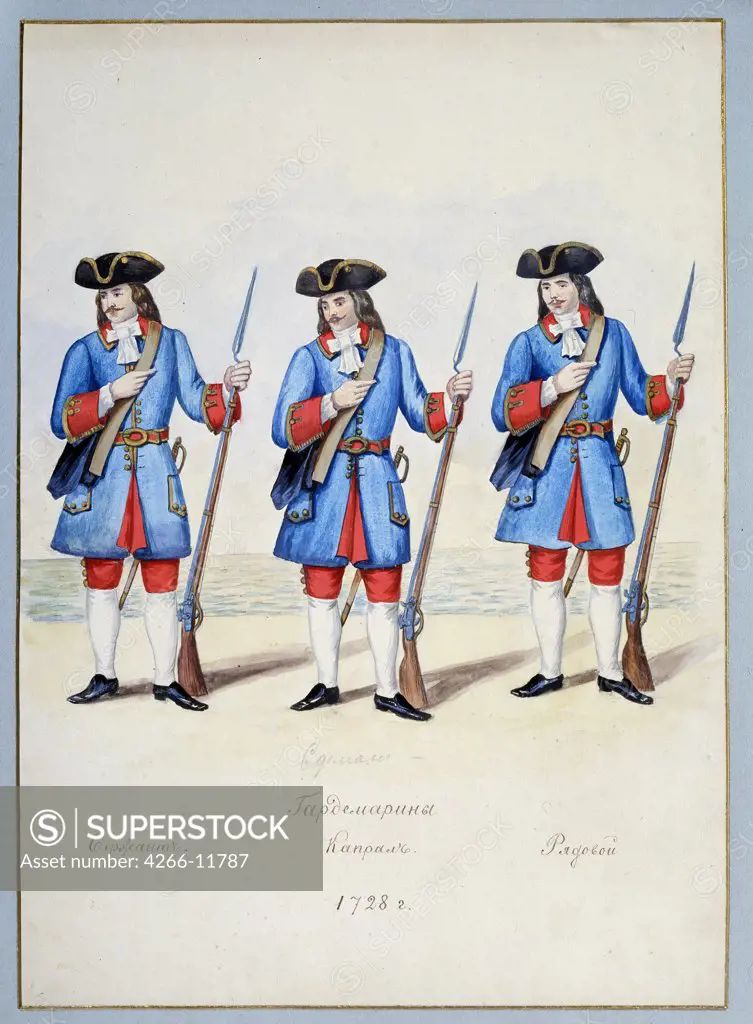 Uniform of the naval cadets by A.N. Korguyev, watercolor and ink on paper, 1890s, Russia, St. Petersburg, State Central Navy Museum
