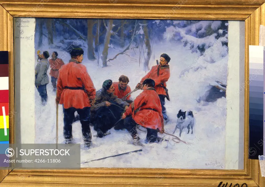 Bear hunting by Klavdi Vasilyevich Lebedev, oil on canvas, 1907, 1852-1916, Russia, St. Petersburg, State Russian Museum, 28, 5x42, 3