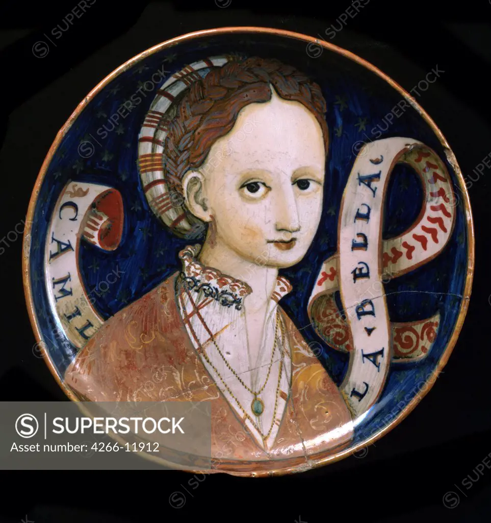 Circle portrait of woman by anonymous painter , majolica, polychrome, 1537, Russia, St. Petersburg, State Hermitage, D 24 Italy Objects