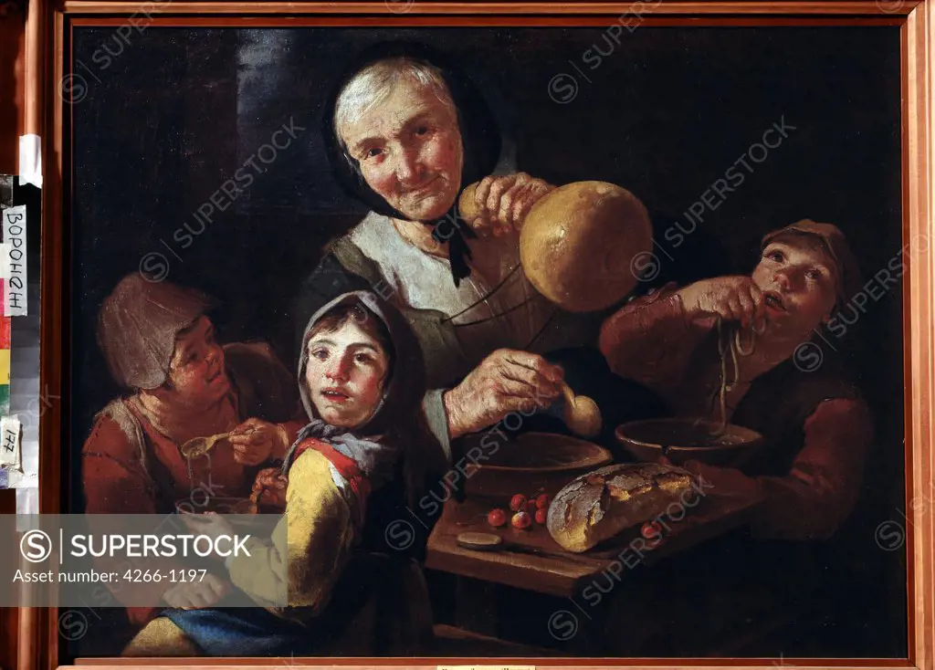 Dinner scene with grandmother and grandchildren by Giaconda Francesco Cipper, Oil on canvas, 1664-1736, Russia, Voronezh, Regional I. Kramskoi Art Museum
