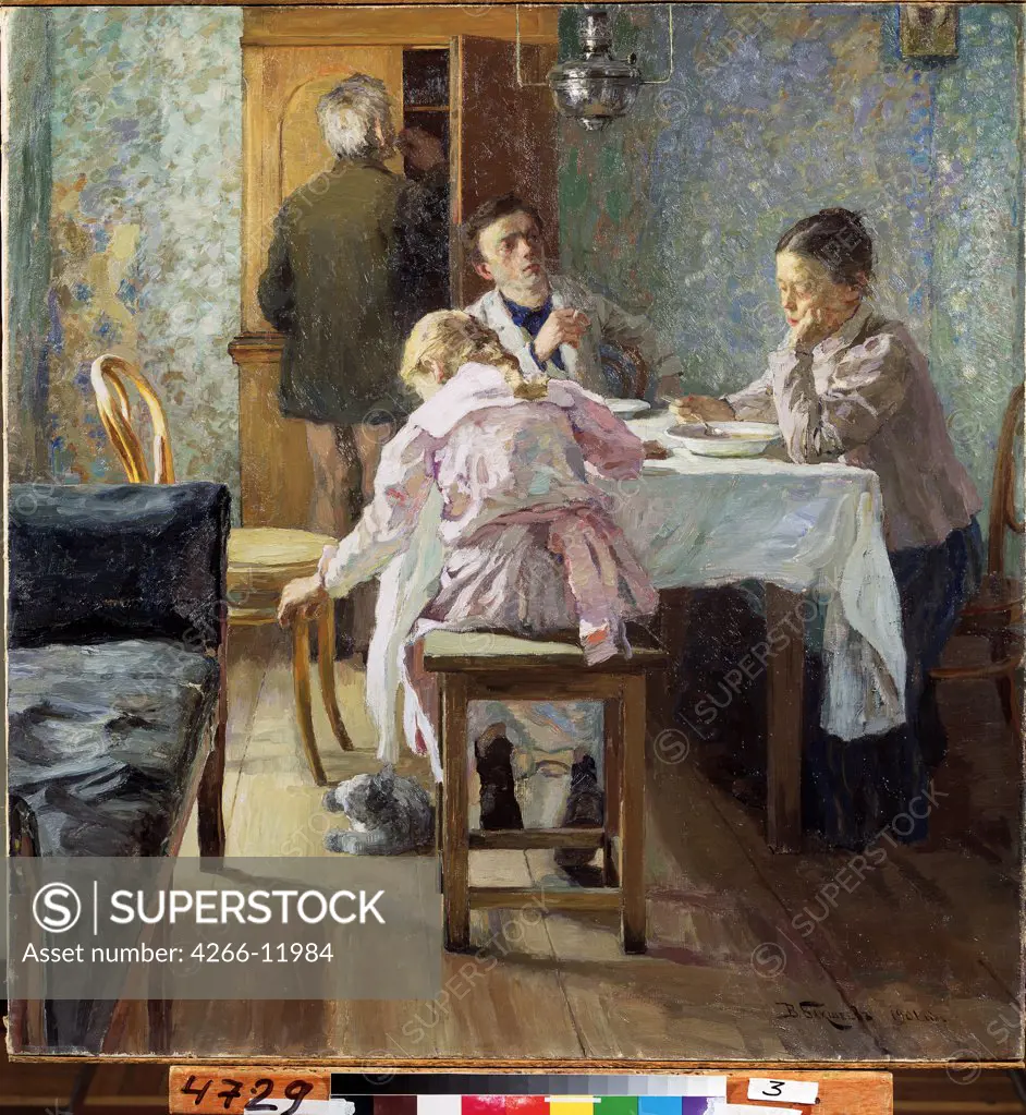 Family eating dinner by Vasili Nikolayevich Baksheev, oil on canvas , 1901, 1862-1958, Russia, Kirov , Regional A. and V. Vasnetsov Art Museum, 95x92