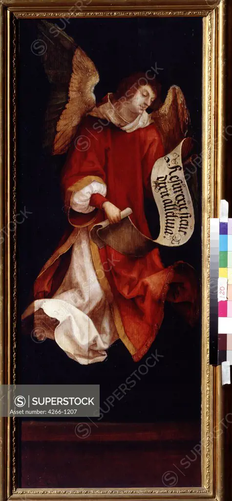 Angel in red robe by Hans Suess von Kulmbach, Oil on wood, 1519, circa 1480-1522, Russia, Moscow, State A. Pushkin Museum of Fine Arts, 114x46