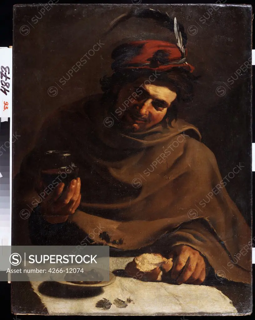Portrait of man holding wine glass by Bartolomeo Manfredi, oil on canvas, 1587-1622, Ukraine, Kharkov, State Art Museum, 91x70