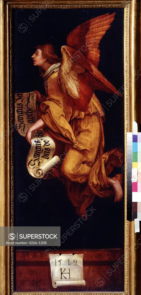 Angel in golden robe by, Oil on wood, 1519, circa 1480-1522, Russia, Moscow, State A. Pushkin Museum of Fine Arts, 114x46