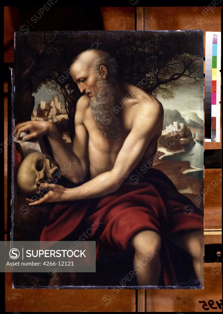 Saint Jerome holding human skull by Cesare da Sesto , tempera on panel, 1477-1523, Russia, Moscow , State A. Pushkin Museum of Fine Arts, 82x62