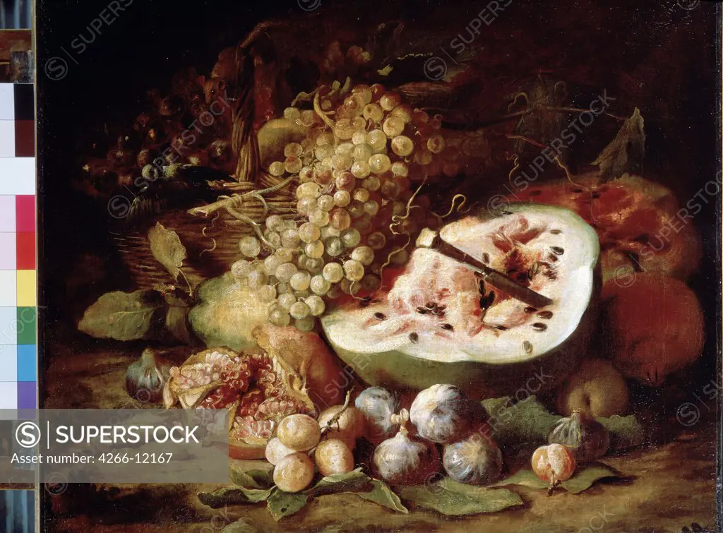 Still life with fruits by Abraham Brueghel, oil on canvas , 1670s, 1631-1697, Russia, St. Petersburg, State Hermitage, 59, 5x73