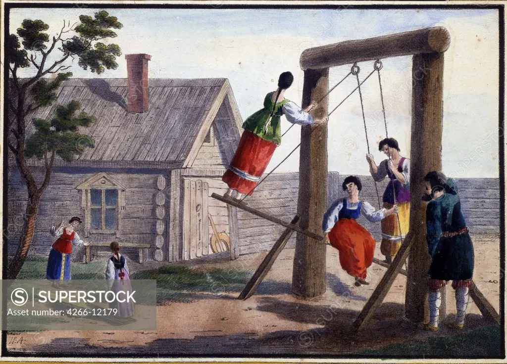 People on swing by Pyotr Alexandrovich Alexandrov, watercolor and ink on paper, 1825, 1794-, Russia, St. Petersburg , A. Pushkin Memorial Museum