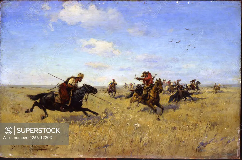 Dnieper Cossacks by Sergei Ivanovich Vasilkovski, Oil on canvas, 1892, 1854-1917, Russia, Arkhangelsk, Regional Art Museum, 27x41
