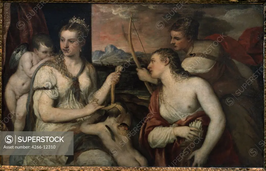 Love and lust goddesses by Titian, oil on canvas, circa 1565, 1488-1576, Italy, Rome , Galleria Borghese, 118x185