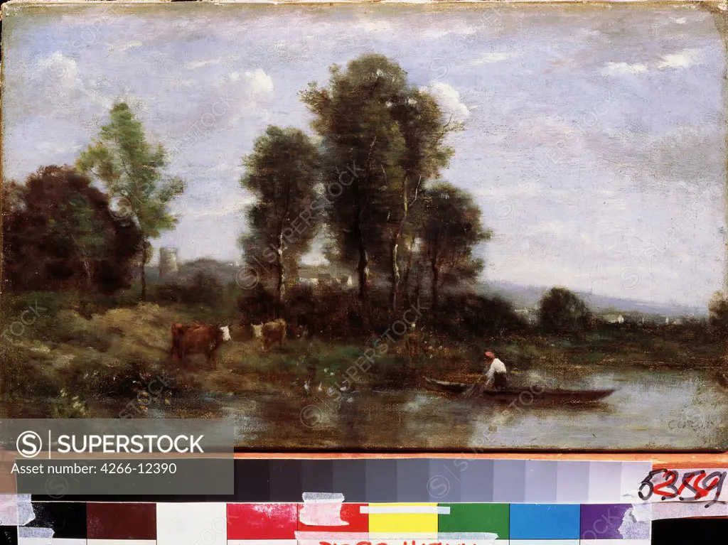 At river by Jean-Baptiste Camille Corot, oil on canvas, 1796-1875, Russia, Khabarovsk , Far Eastern Art Museum, 25x41