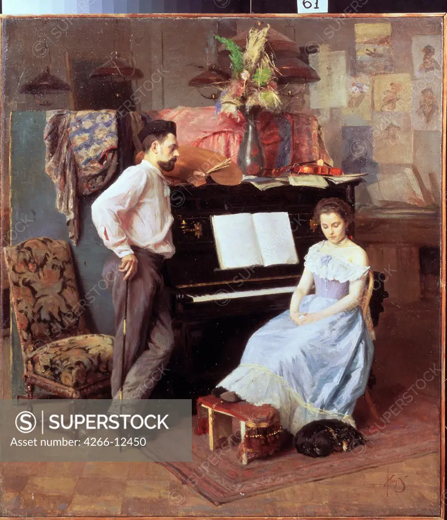 Couple by piano by Mikhail Ivanovich Ignatiev, oil on canvas, circa 1900, 1870-1934, Russia, Vologda, Regional Art Gallery, 70x62