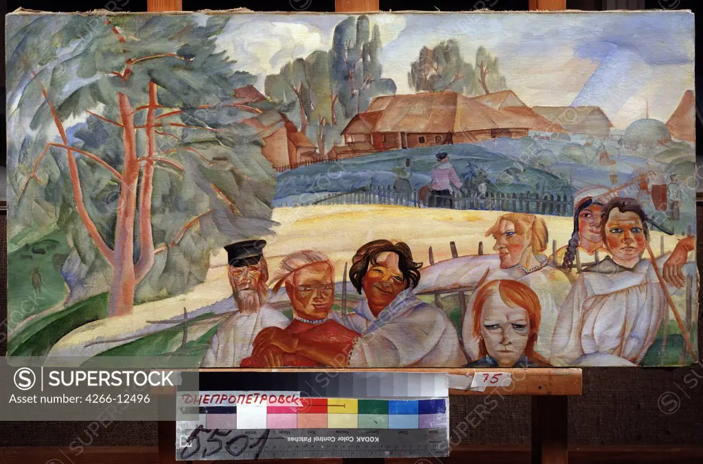 Village scene by Boris Dmitryevich Grigoriev, Watercolour, Gouache on Paper, circa 1917, 1886-1939, Ukraine, Dnepropetrovsk, State Art Museum, 55, 5x91, 5