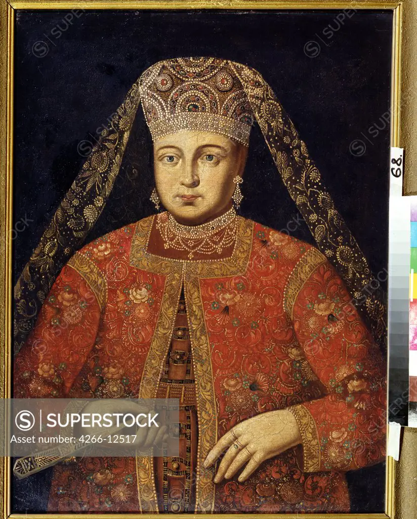 Portrait of tsarina Marfa Matveyevna by unknown artist, Oil on canvas, Early 18th century, Republic of North Ossetia-Alania, Vladikavkas, M. Tuganov Art Museum of the North Ossetian, 79x60