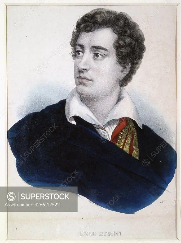 Portrait of George Byron by unknown artist, Lithograph, watercolour, Early 19th century, Russia, St. Petersburg, A. Pushkin Memorial Museum
