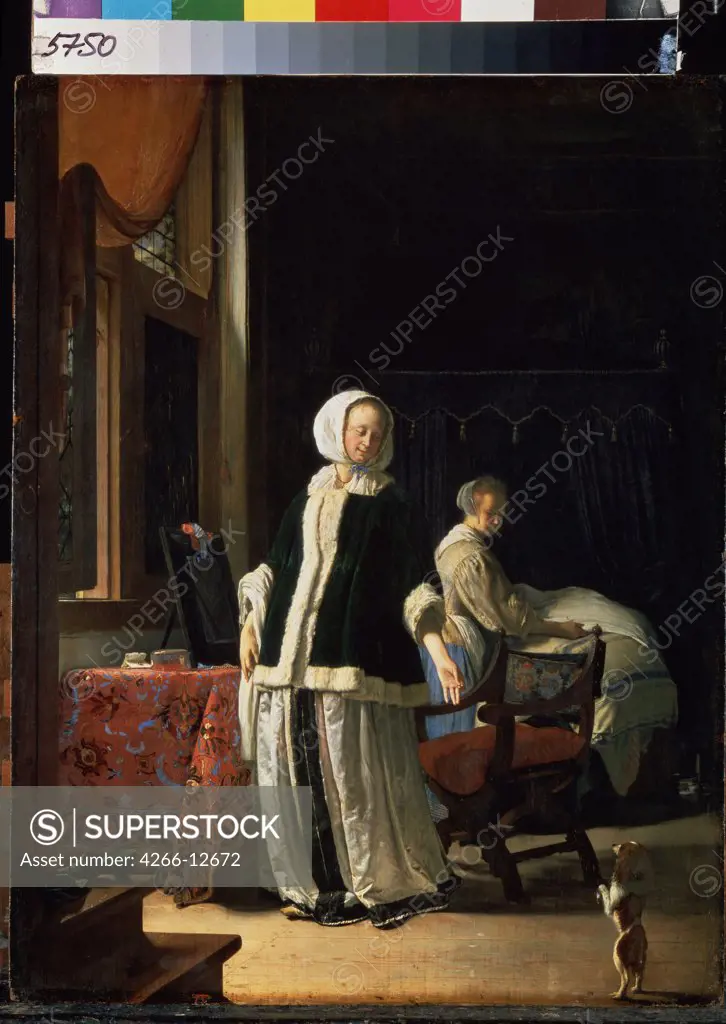 Lady, servant and dog by Frans van Mieris Elder, oil on wood, circa 1660, 1635-1681, Russia, St Petersburg, State Hermitage, 51, 5x39, 5