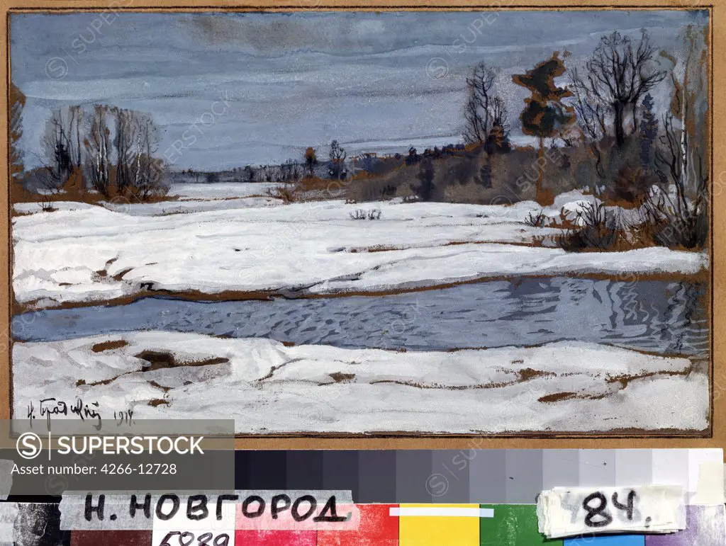 Winter landscape by Isaak Izrailevich Brodsky, oil on canvas, 1914, 1884-1939, Russia, Nizhny Novgorod, State Art Museum, 21x34, 2