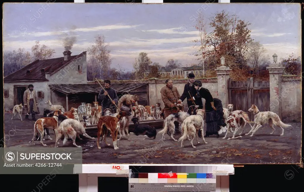Hunting dogs by Alexei Danilovich Kivshenko, Oil on canvas, 1884, 1851-1895, Russia, Kharkov , State Art Museum, 65x122