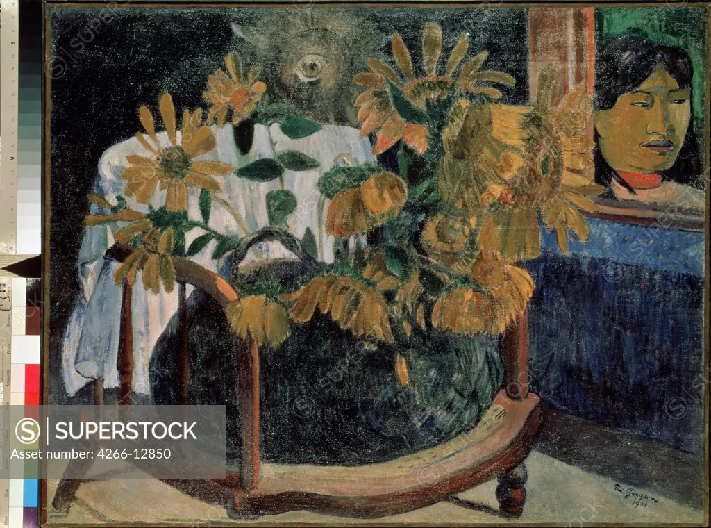 Bunch of flowers on armchair, by Paul Eugene Henri Gauguin, oil on canvas, 1901, 1848-1903, Russia, St. Petersburg , State Hermitage, 73x92