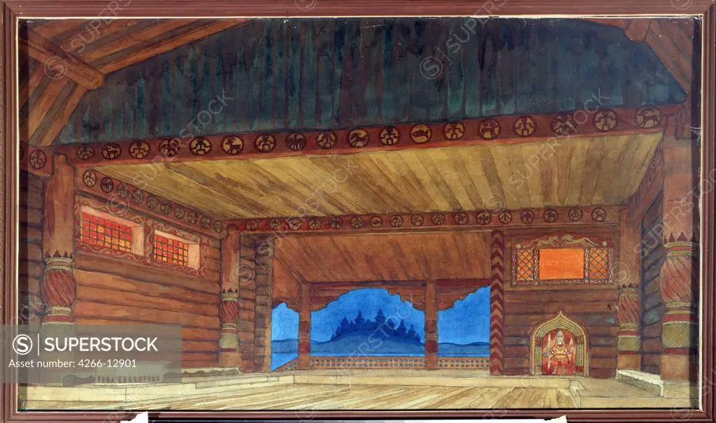 Stage Design by Ivan Yakovlevich Bilibin, watercolor on paper, 1913, 1876-1942, Russia, Moscow , State Central M. Glinka Museum of Music, 36x61