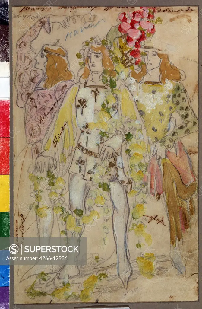 Actors wearing stage costumes by Konstantin Alexeyevich Korovin, Watercolor, Gouache on Paper, 1908, 1861-1939, Russia, Moscow, State Central A. Bakhrushin Theatre Museum, 20, 5x32, 5