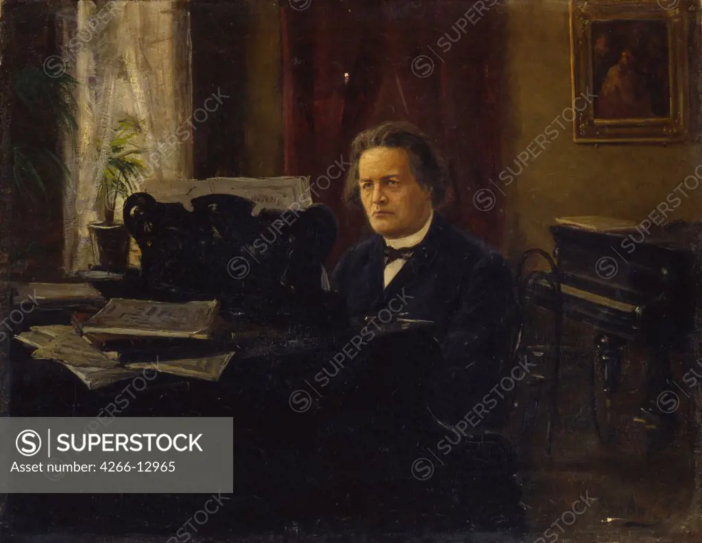 Portrait of Anton Rubinstein by Mikhail Mikhailovich Yarovoy, Oil on canvas, 19th century, 1864-1940, Russia, Moscow, State Central M. Glinka Museum of Music, 35x45
