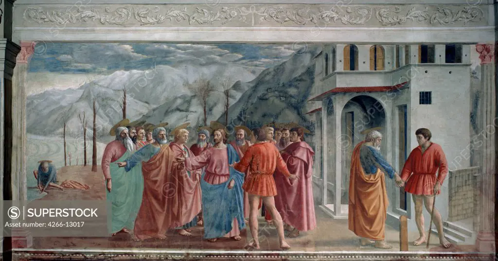 Jesus Christ with apostles by Masaccio, fresco, 1425, 1401-1428, Florentine School, Italy, Florence, Cappella Brancacci di Santa Maria del Carmine, 255x598