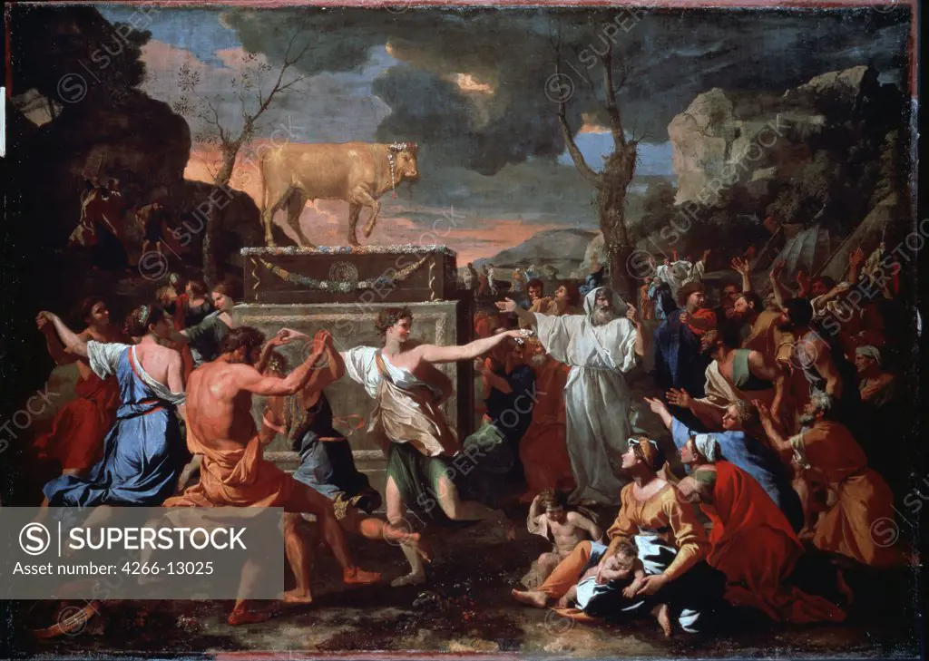 Jewish people dancing around golden calf by Nicolas Poussin, oil on canvas, circa 1635, 1594-1665, England, London, National Gallery, 154x214