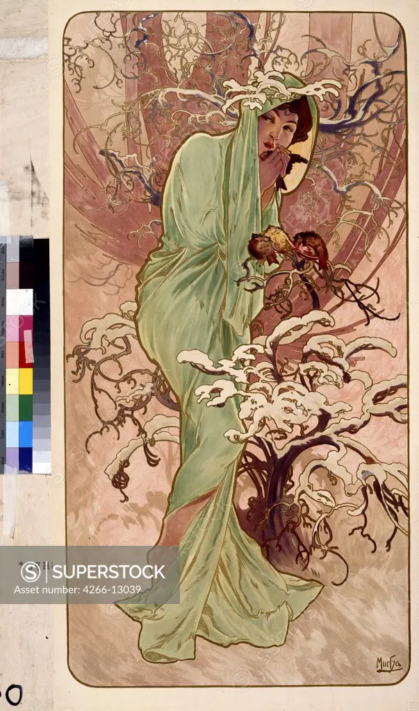Woman in winter garden by Alfons Marie Mucha, colour lithograph, 1896, 1860-1939, Russia, Moscow, State Pushkin Museum of Fine Art, 101x51, 2