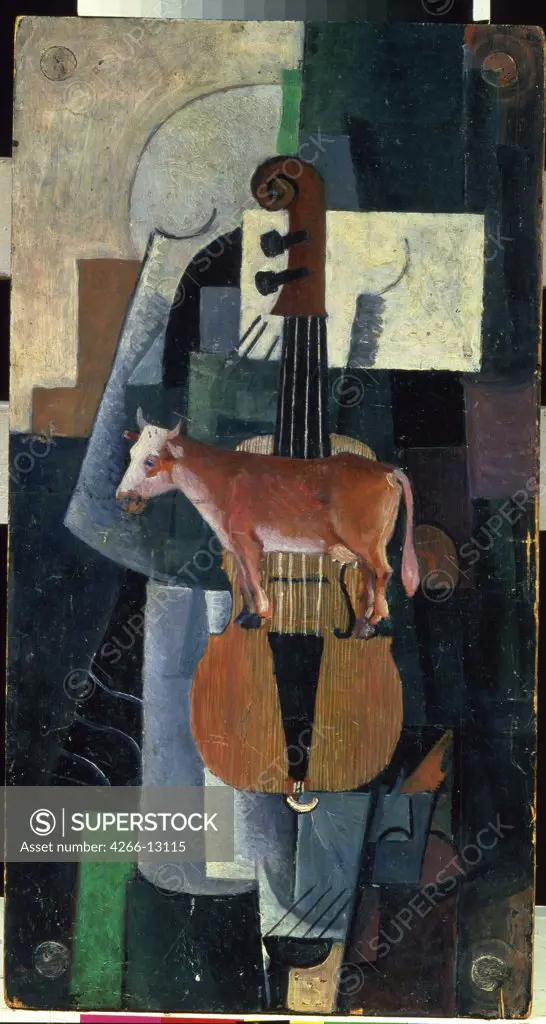 Cow and Violin by Kasimir Severinovich Malevich, Oil on wood, 1913, 1878-1935, Russia, St. Petersburg, State Russian Museum, 48, 8x25, 8