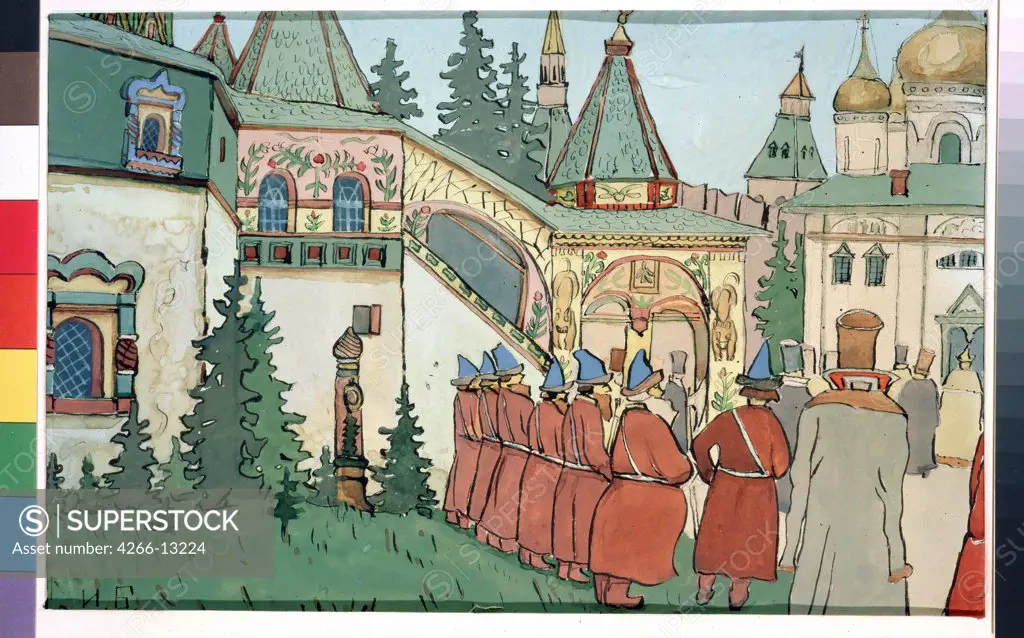 Stage design to Finist Falcon by Ivan Yakovlevich Bilibin, watercolour, gouache, ink and pen on paper, 1876-1942, Russia, Moscow, State Tretyakov Gallery, 22x29, 5