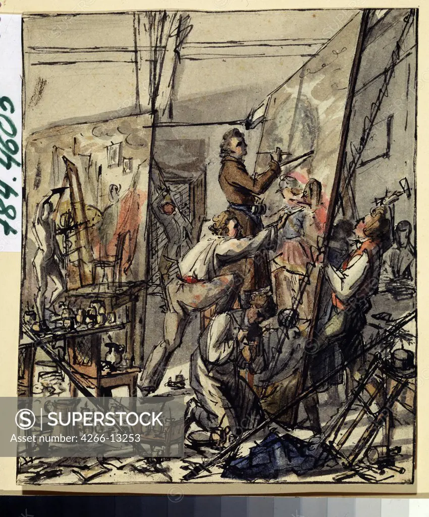 Painters atelier by unknown painter, watercolour and ink on paper, 1820s, Russia, Moscow, State Pushkin Museum of Fine Arts, 17, 5x14, 5