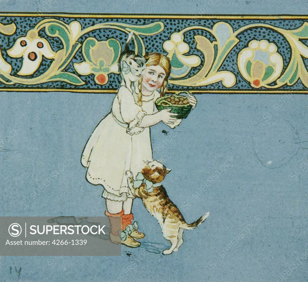 Girl with cats by Russian master, colour lithograph, 1900, Russia, Moscow, State History Museum, 7x8