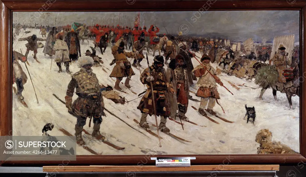 Army of Ivan IV skiing by Sergei Vasilyevich Ivanov, oil on canvas, 1903, 1864-1910, Russia, Moscow, State Tretyakov Gallery, 151x303