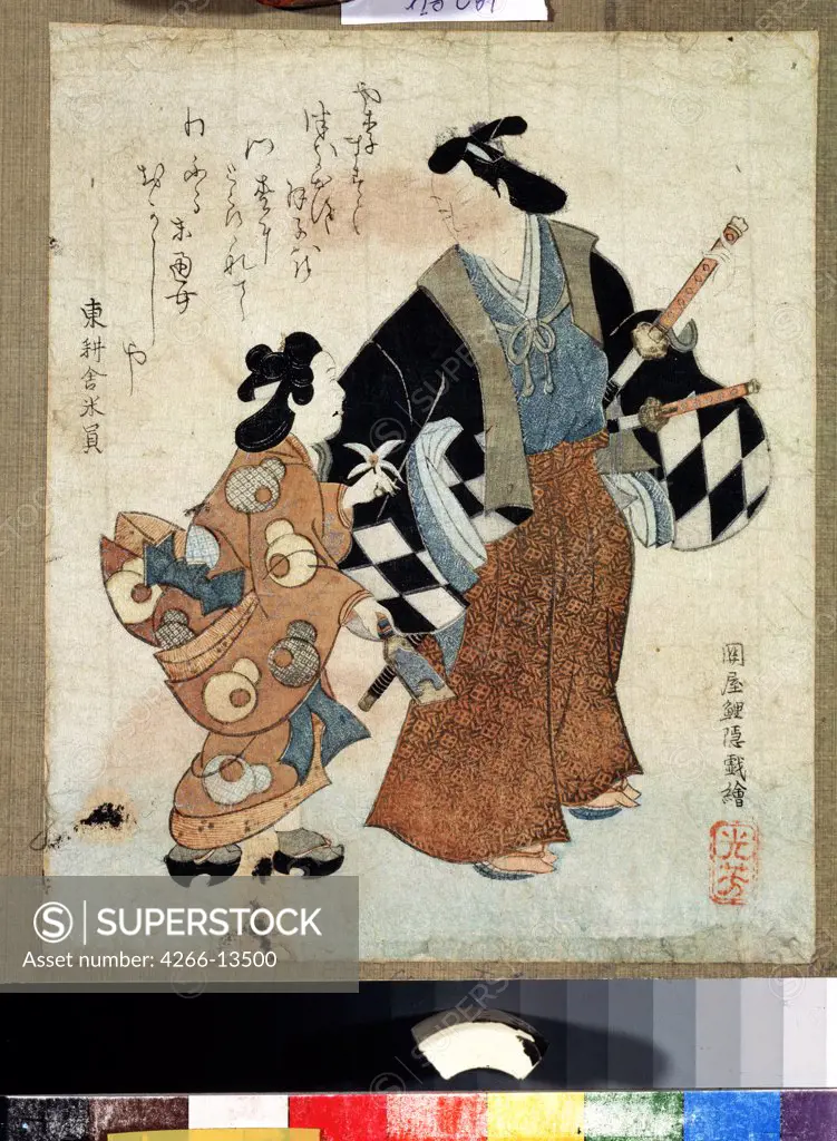 Samurai with daughter by Tosa Mitsuyoshi, colour woodcut, 1700-1772, 18th century, Russia, Moscow, State Pushkin Museum of Fine Arts, 21, 5x17, 8