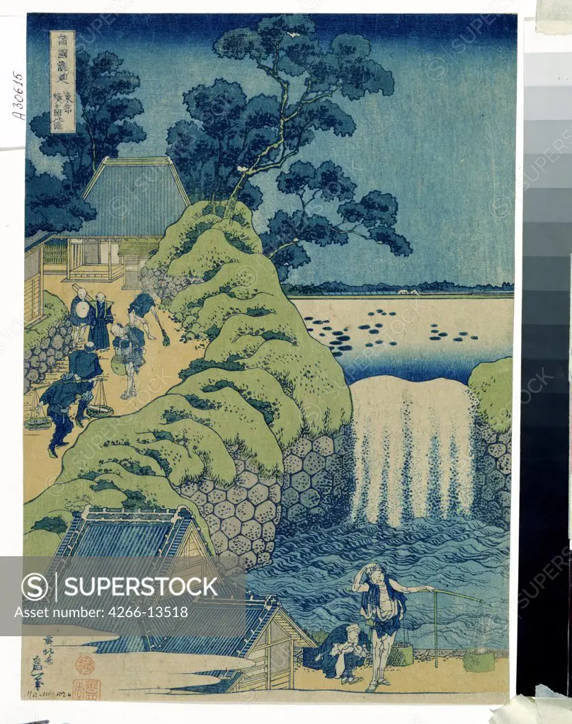 Landscape with waterfall by Katsushika Hokusai, colour woodcut, circa 1829, 1760-1849, Russia, Moscow, State Pushkin Museum of Fine Arts, 36x25, 5