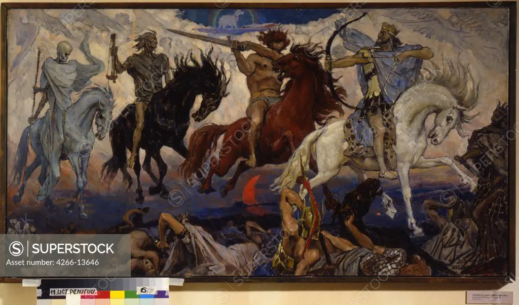 Four Horsemen of Apocalypse by Viktor Mikhaylovich Vasnetsov, oil on canvas, 1887, 1848-1926, Russia, St Petersburg, State Museum of Religious History, 72x136