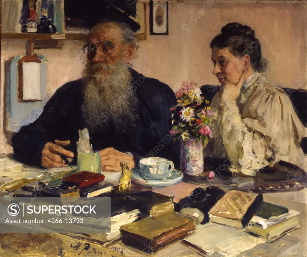 Leo Tolstoy and woman sitting at table by Ilya Yefimovich Repin, Oil on canvas, 1907, 1844-1930, Russia, Moscow, Russian State Archive of Literature and Art