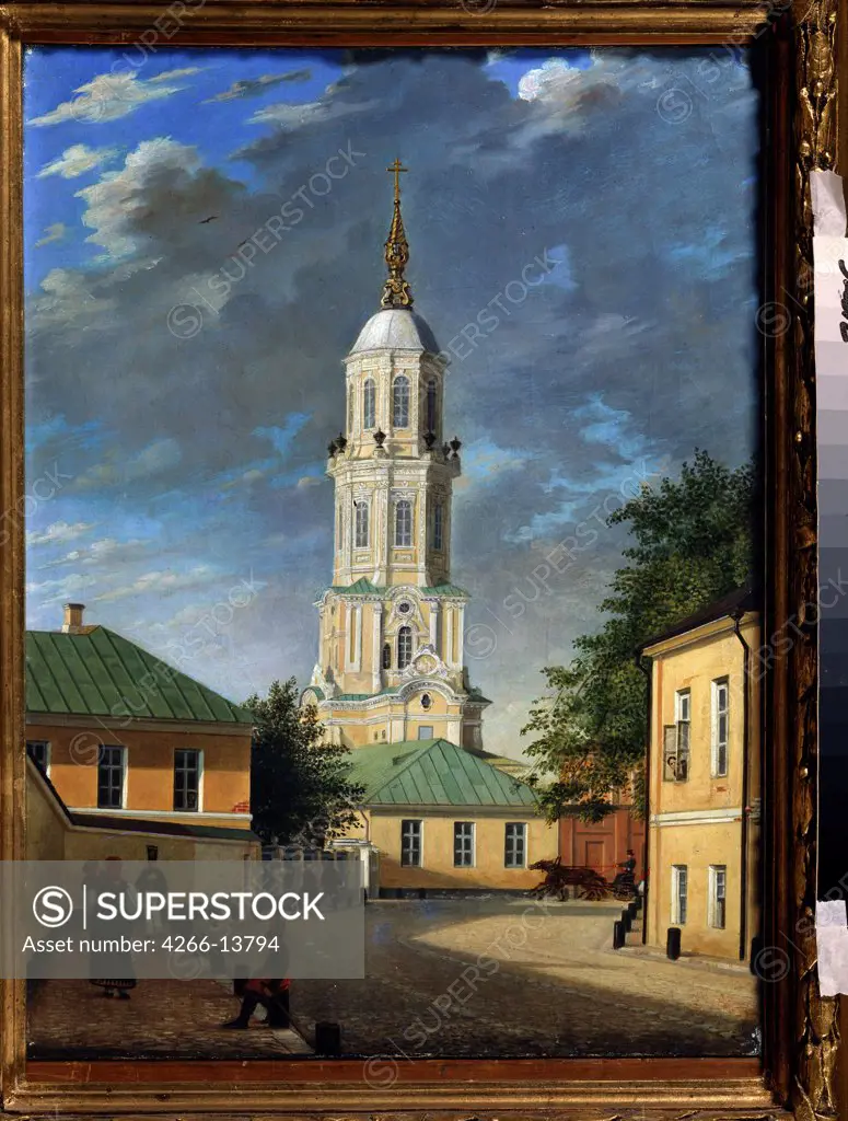 View of church tower by Karl Petrovich Bodri, oil on canvas, 1843, 1812-1894, Russia, St. Petersburg, A. Pushkin Memorial Museum, 55, 3x39, 7