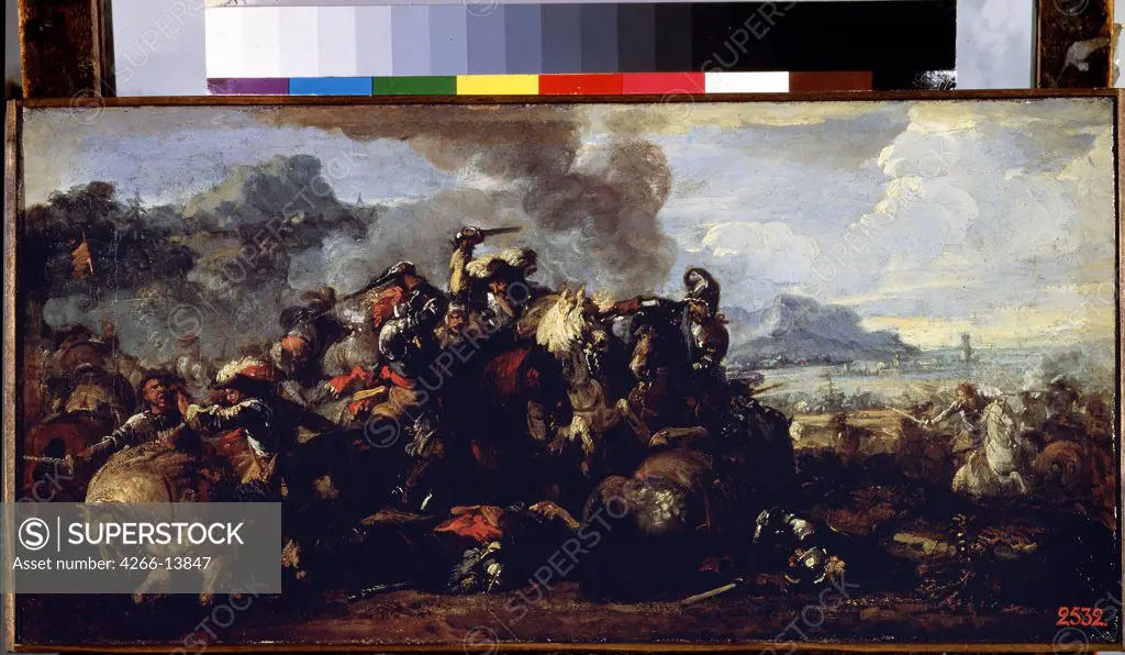 Battle by Jacques Courtois, oil on canvas, 1621-1676, Russia, St. Petersburg, State Hermitage, 25x52