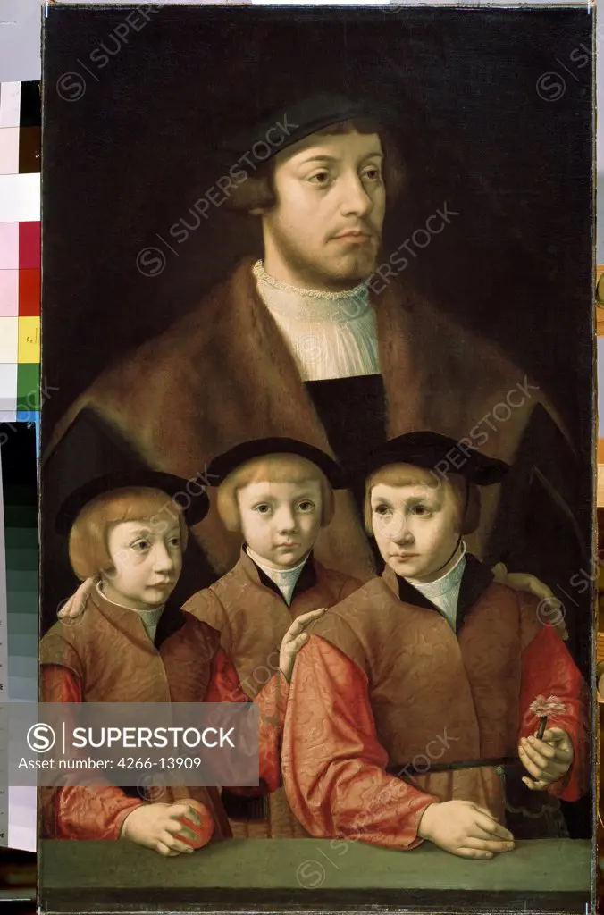 Portrait of man with three sons by Bartholomaeus (Barthel) Bruyn the Elder, Oil on canvas, Late 1530s-early 1540s, 1493-1555, Russia, St. Petersburg, State Hermitage, 75.5x46