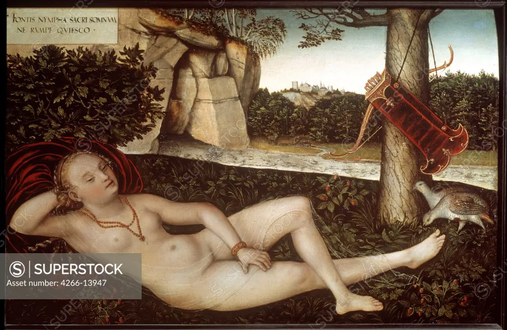 Naked goddess with birds by Lucas Cranach the Elder, oil on canvas, 1472-1553, 16th century, France, Besancon, Musee des Beaux-Arts, 48x74