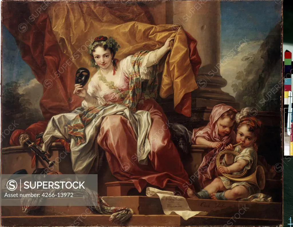 Woman with kids sitting on stairs by Carle Van Loo, oil on canvas, 1753, 1705-1765, Russia, Moscow, State A. Pushkin Museum of Fine Arts, 122x157